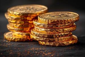 goud munten Aan zwart achtergrond, realistisch fotografie, foto