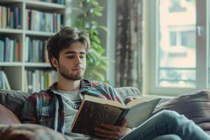 jong Mens met boek in zijn handen zittend in een leven kamer Aan een bank. foto