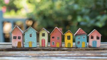 kleurrijk houten huis modellen Aan een houten tafel foto