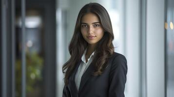 modern Dames professioneel genade portret van vertrouwen in de werkplaats foto