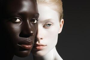 een portret van een menselijk met voor de helft wit en voor de helft zwart kleur. foto