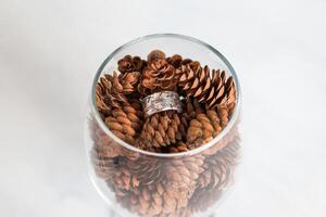 elegant handgemaakt zilver ringen in een glas met pijnboom kegels Aan een wit wazig achtergrond. sieraden accessoires. foto