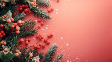 minimalistisch Kerstmis banier met berijpt bessen en pijnboom takken Aan een modieus koraal achtergrond met sneeuwvlokken foto