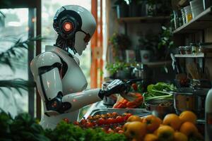 een robot is in een keuken, voorbereidingen treffen voedsel foto