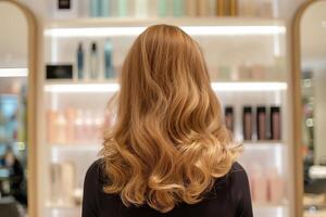 een vrouw met lang bruin haar- is staand in voorkant van een plank van haar- producten foto