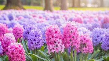 veel Purper en roze hyacint bloemen zijn in een veld- foto