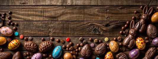 feestelijk Pasen chocola assortiment Aan houten achtergrond foto