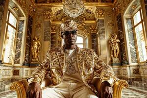 elegant rapper straalt uit weelde in een luxueus goud versierd kamer foto