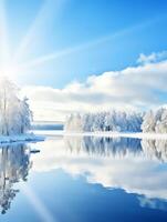 een lichaam van water met sneeuw gedekt bomen en blauw lucht. winter landschap foto