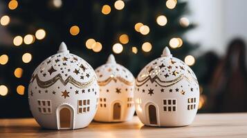 Kerstmis decoraties, speelgoed- huizen miniatuur detailopname foto