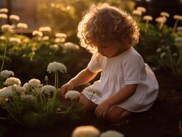 schattig kleuter meisje met bloemen detailopname. voorjaar of zomertijd concept foto