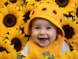 baby in geel kleding met een groot glimlach omringd door zonnebloemen foto