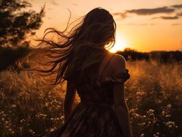 silhouet van een vrouw in zonsondergang lit veld- vervelend een zwierig zomer jurk foto