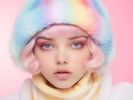portret van een meisje gestileerd net zo een schattig pop met pastel tonen en zacht focus foto