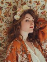 sereen schoonheid in oranje bloemen gewaad met bij elkaar passen bloem hoofdband foto