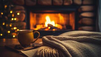 een kop van koffie en een deken in voorkant van een haard. knus Kerstmis interieur foto