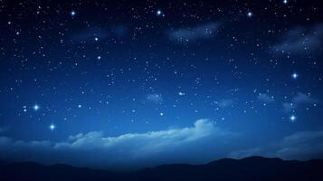 glanzend sterrenhemel achtergrond met blauw nacht lucht en berg silhouet foto