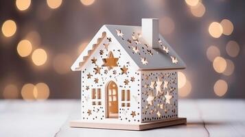 Kerstmis decoraties, speelgoed- huis miniatuur detailopname foto