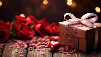 Valentijnsdag dag geschenk, een doos met een boog en rozen detailopname. 14 februari concept foto