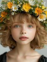 meisje met gekruld haar- en bloemen kroon in levendig portret foto