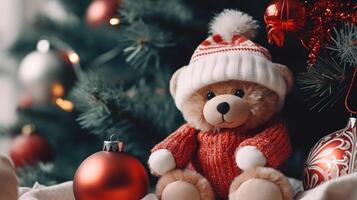 Kerstmis decor, teddy beer detailopname Aan de achtergrond van een knus interieur foto