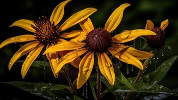 geel zonnehoed met dauw druppels Aan bloemblaadjes tegen een donker backdrop foto