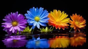 veelkleurig nat madeliefje bloemen weerspiegeld Aan een donker, spiegelachtig oppervlakte foto
