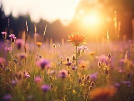 gouden uur zonlicht doordringend door een weide van zomer wilde bloemen foto