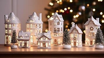 Kerstmis decoraties, speelgoed- huizen miniatuur detailopname foto