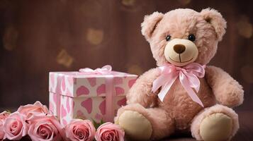 Valentijnsdag dag geschenk, een doos met een boog, rozen en knuffelbeer detailopname. 14 februari concept foto