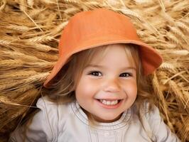 glimlachen jong meisje in oranje hoed aan het liegen in een gouden tarwe veld- foto
