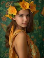 jeugdig meisje met levendig geel bloemen in een botanisch instelling foto