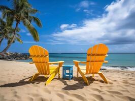 geel strand stoelen geconfronteerd de oceaan Aan een zanderig strand met palm bomen. zomer vakantie concept foto