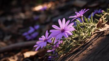 Purper wilde bloemen bloeiend langs een Woud spoor met wazig natuur achtergrond foto