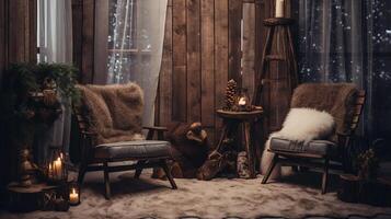 een kamer met leer stoelen en een lamp. knus winter interieur foto