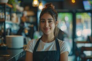 vrouw leert restaurant plichten terwijl werken een deel tijd. foto