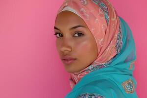 muslimah model- in modieus jurk geïsoleerd in roze achtergrond foto