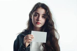 mooi jong meisje met een blanco kaart Aan wit achtergrond foto