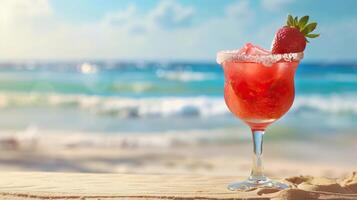 aardbei cocktail Aan strand achtergrond. foto