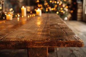 hoog resolutie houten tafel in Kerstmis interieur voor Product plaatsing in landschap foto