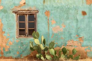 cactus planten groeit in de buurt muur met venster van oud huis in mauritania Afrika foto
