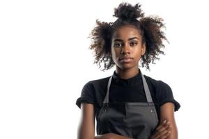 geïsoleerd klein bedrijf Afrikaanse Amerikaans dame eigenaar of barista met schort Aan wit achtergrond. foto