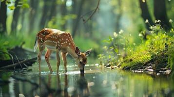 hert drinken water in rivier- in Woud, sereen dieren in het wild landschap foto