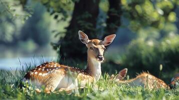 hert in Woud resting Aan gras, rustig dieren in het wild visie foto