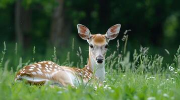 hert resting Aan gras in Woud, rustig dieren in het wild tafereel in natuur foto