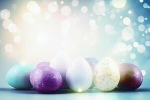 feestelijk levendig gekleurde en ingewikkeld versierd Pasen eieren tegen een zacht en levendig bokeh achtergrond, vastleggen de blij en feestelijk essence van de Pasen seizoen foto