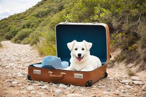 een nieuwsgierig hond neergestreken Aan een Open koffer, klaar voor avontuur gedurende een vakantie ga weg. foto