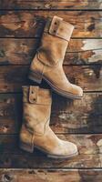 leer laarzen Aan rustiek houten achtergrond foto