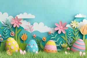 papier besnoeiing illustratie van kleurrijk papier kunst Pasen konijn, gras, bloemen en ei vorm foto
