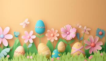 papier besnoeiing illustratie van kleurrijk papier kunst Pasen konijn, gras, bloemen en ei vorm foto